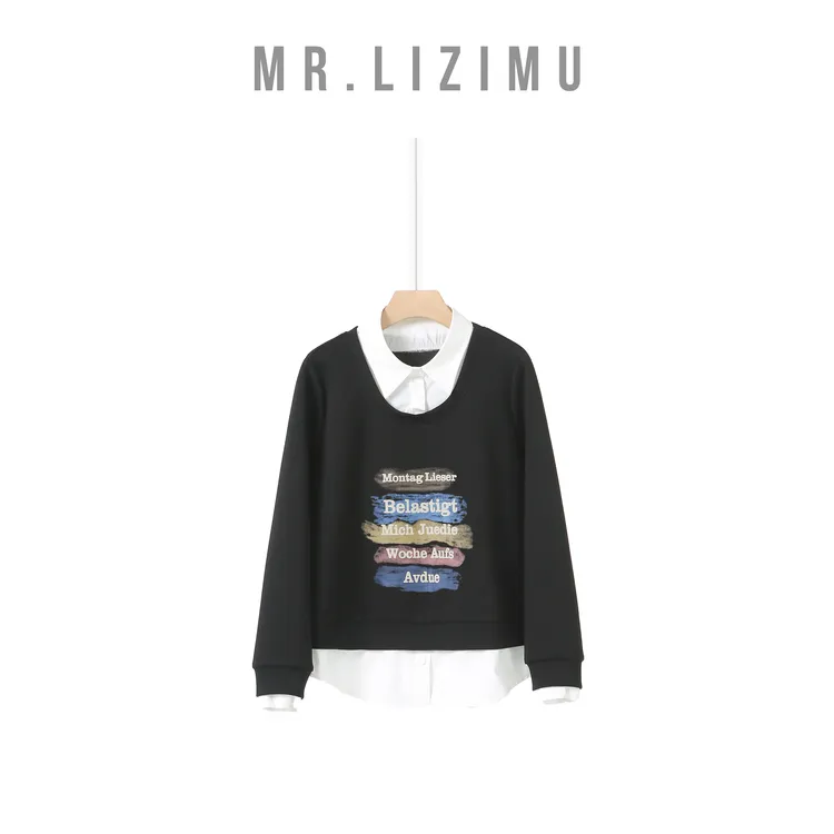 李子木先生时尚卫衣女款爆款2025新款正品字母印花衬衣假两件秋冬