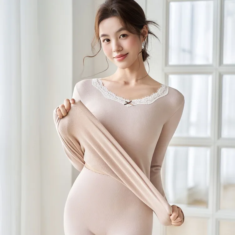 女士圆领毛巾暖绒棉显瘦美体紧身无痕发热保暖秋衣秋裤套装秋冬季