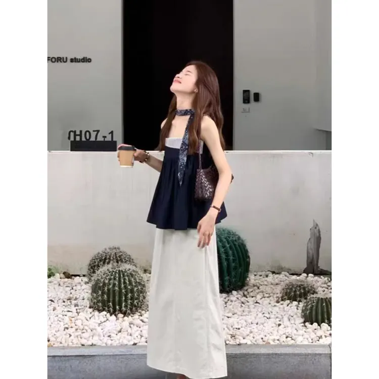 法式撞色条纹拼接无袖抹胸背心a摆上衣显瘦夏季小众气质时尚百搭