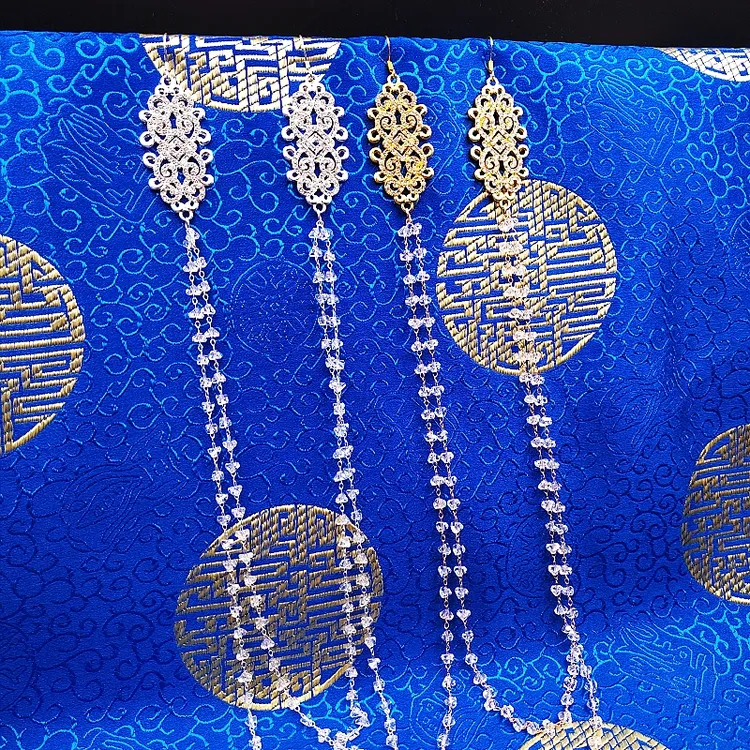 合金仿水晶耳饰 蒙古元素一体式耳环女银针镶钻项链连体链条耳坠