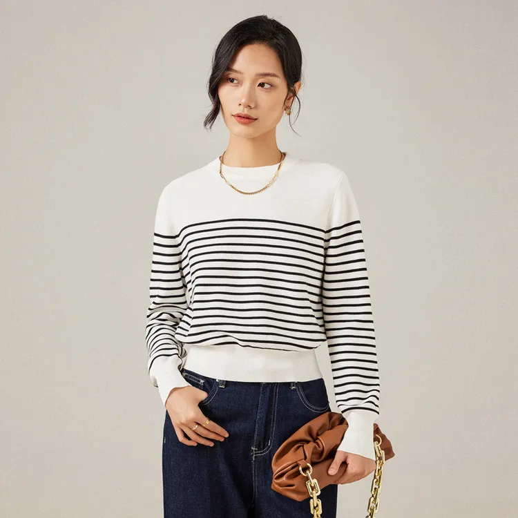 小禾同款 经典减龄百搭长绒棉条纹长袖毛衣针织衫女秋冬51A063780