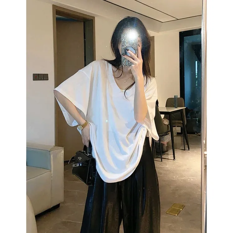 【运补6-10￥】松弛感慵懒风宽松大V领口纯白色基础款大码短袖T恤