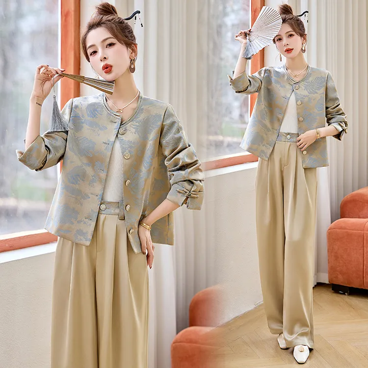 国风气质名媛套装女2025春季新款时尚贵气高腰缎面新中式两件套裤