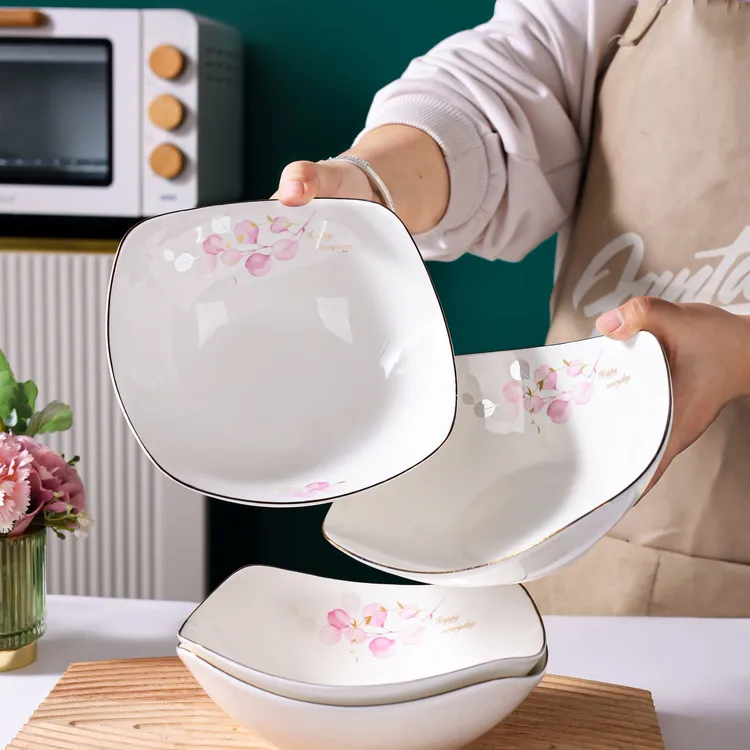 粉色情怀8英寸翘角碗6只装陶瓷菜盘简约菜盘酒店家用创意纯白方形