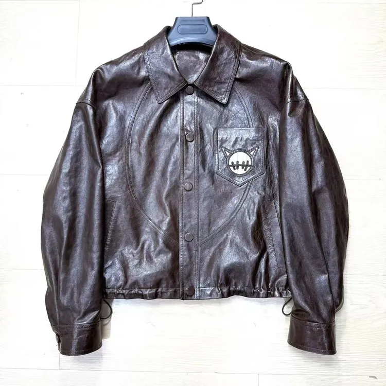 100%真皮头层绵羊皮油蜡冰冷萃翻领宽松新款爆款25510女真皮外套