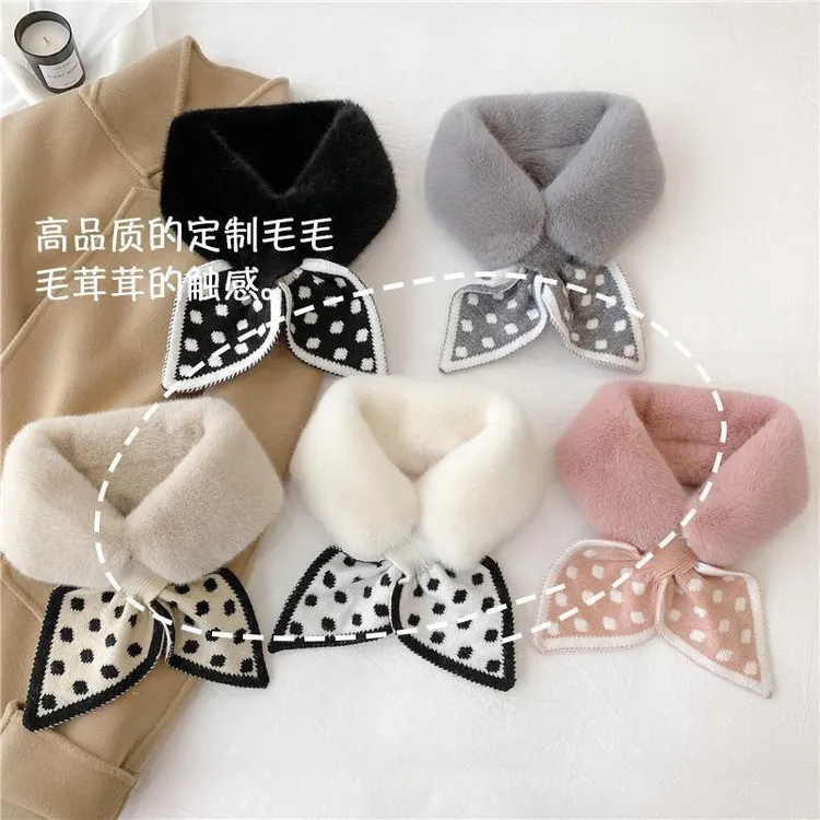 仿兔毛领保暖冬季围脖时尚新款针织波点拼接毛绒围巾少女学生脖套