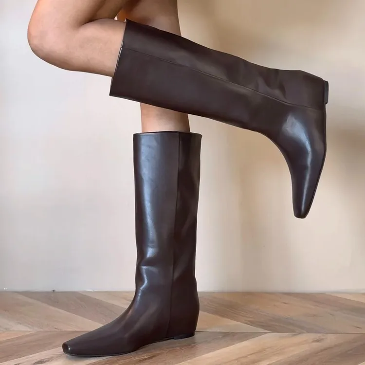 小个子老钱风法式方头美拉德高筒骑士靴女鞋2025新款