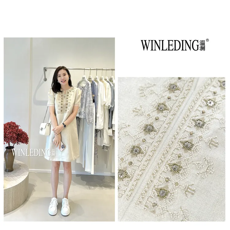 温澜服饰·雅“沁华”法式短袖钉珠连衣裙女夏季2025新款高级感90559