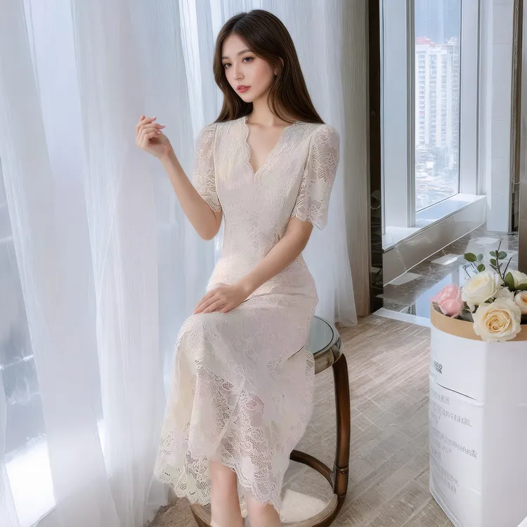 蕾丝连衣裙女夏季2025年新款法式收腰初恋裙子气质复古温柔风长裙