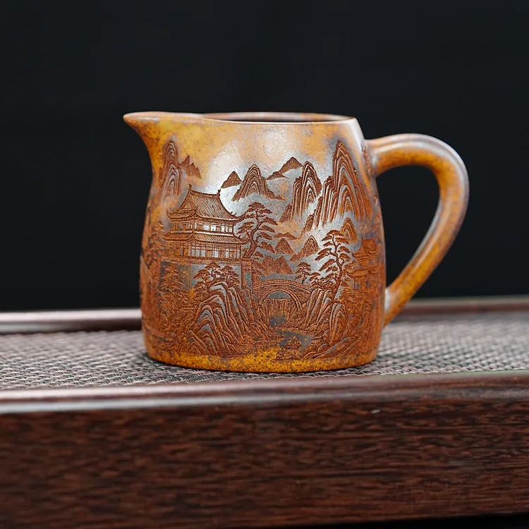 宜兴原矿紫砂龙骨金砂全手工山水满刻精工柴烧公道杯