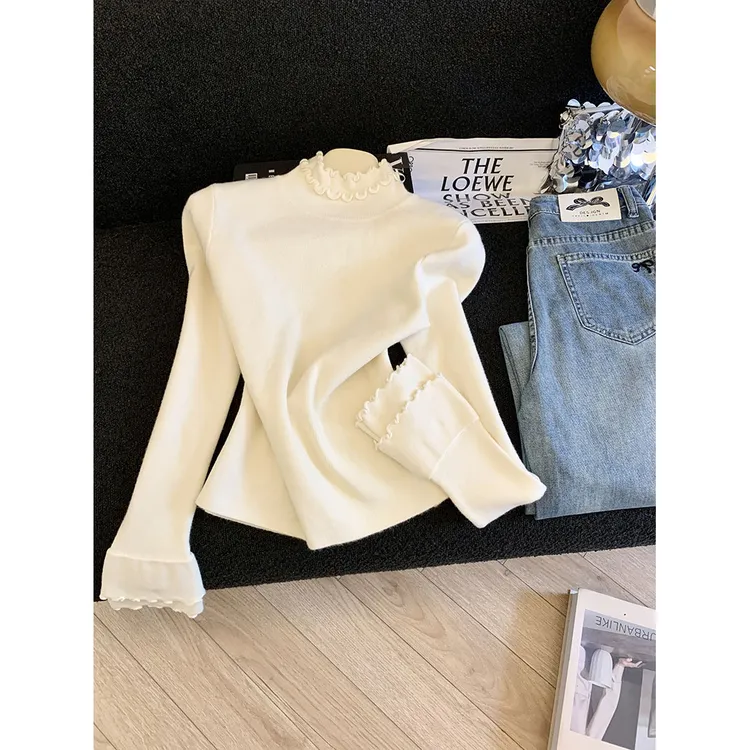 木耳边半高领内搭毛衣女秋冬百搭修身长袖打底针织衫上衣女潮