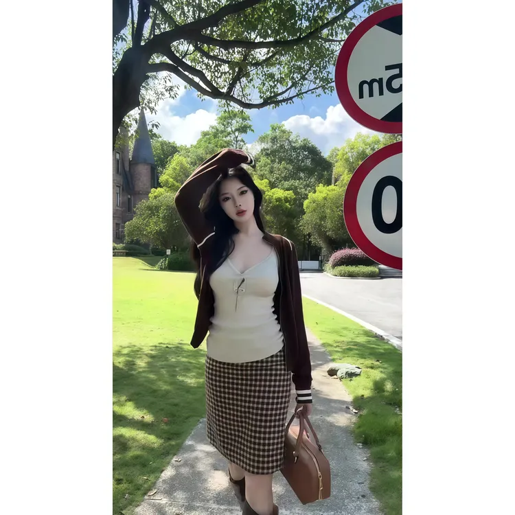 慵懒风休闲长袖开衫外套吊带背心女秋季穿搭套装高腰半身裙三件套