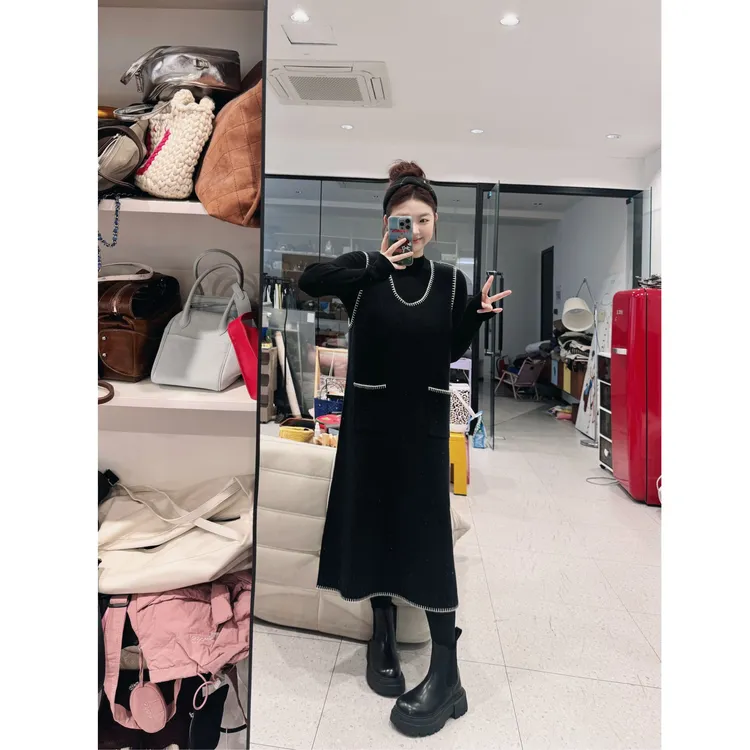 晶咕【顶流千金！】法式气质U领撞色针织背心裙