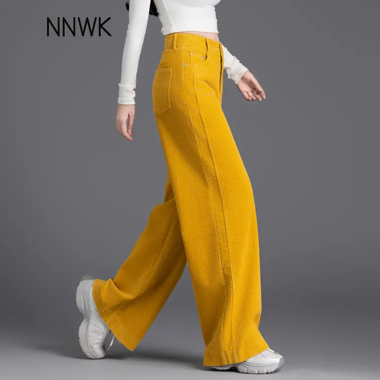 亮黄色灯芯绒阔腿裤休闲裤女2025新款秋冬季宽松条绒裤子女直筒裤