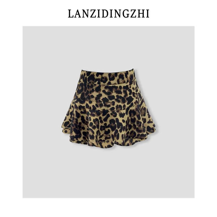 「旷野听风」港风街头时尚休闲显瘦修身豹纹拉链带里衬短裙