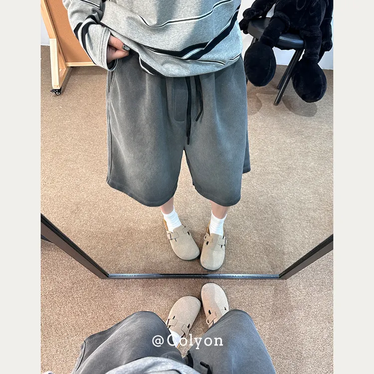 colyon400克美式重磅水洗短裤男款夏季灰色五分裤宽松男生裤子