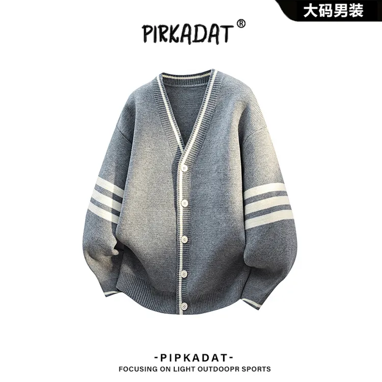  Pirkadat秋季新款拼接撞色条纹V领针织衫外套男韩式舒适简约衬衫