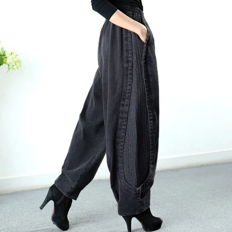 2025秋冬加绒高腰牛仔裤女加绒阔腿哈伦裤宽松复古大码胖mm休闲