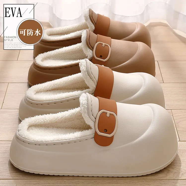 勃肯棉拖鞋女款2025新款秋冬季防水时尚外穿保暖毛毛加绒棉拖鞋女
