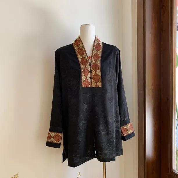 民族风中长款提花金边藏式长袖衬衫气质慵懒舒适百搭