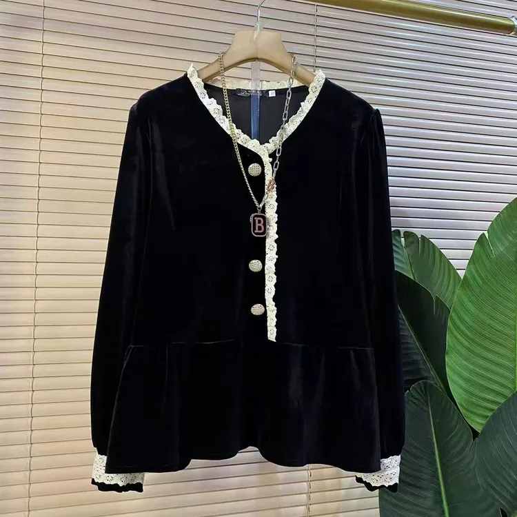 D胖mm欧货时尚新款减龄木耳边拼接丝绒女人衫