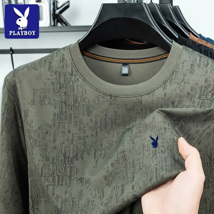 花花公子秋季新款空气层高密长袖T恤男士印花高档刺绣潮流男装T恤