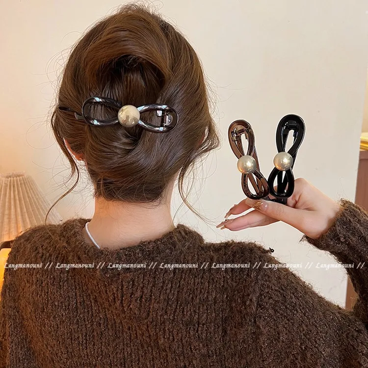蝴蝶结圆珠扭扭夹女2025新款高级感一字夹后脑勺发夹半扎发鲨鱼夹