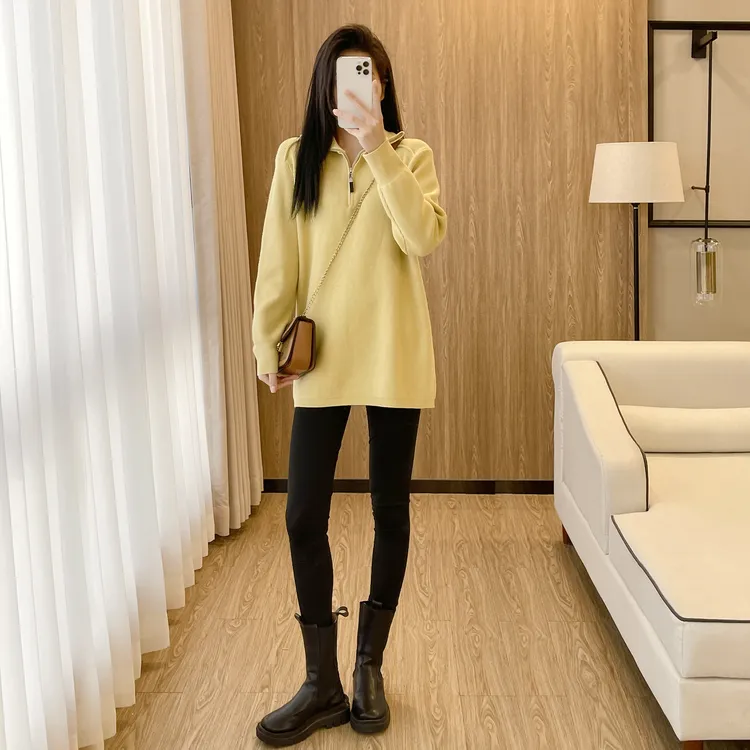 秋冬中长款遮屁股针织衫女软糯加厚保暖毛衣宽松拉链立领内搭上衣