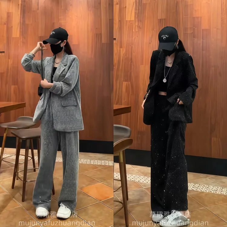 2025年秋季网红新款套装女气质重工烫钻显瘦外套+阔腿裤