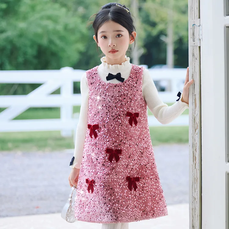 女童套装连衣裙2025新款小香风亮片礼服裙儿童小女孩背心裙两件套