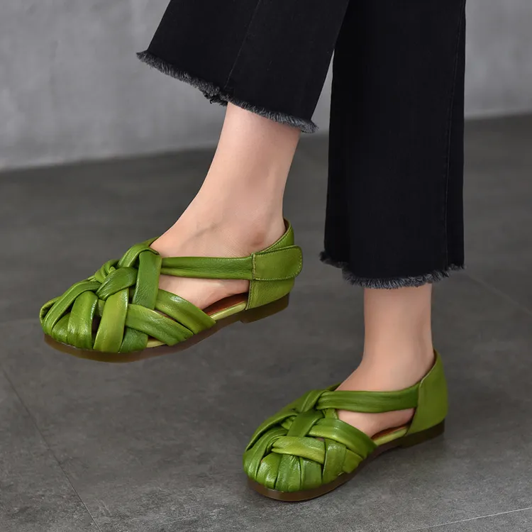 里外全皮真皮平底软底罗马凉鞋女2025夏季新款头层牛皮镂空猪笼鞋