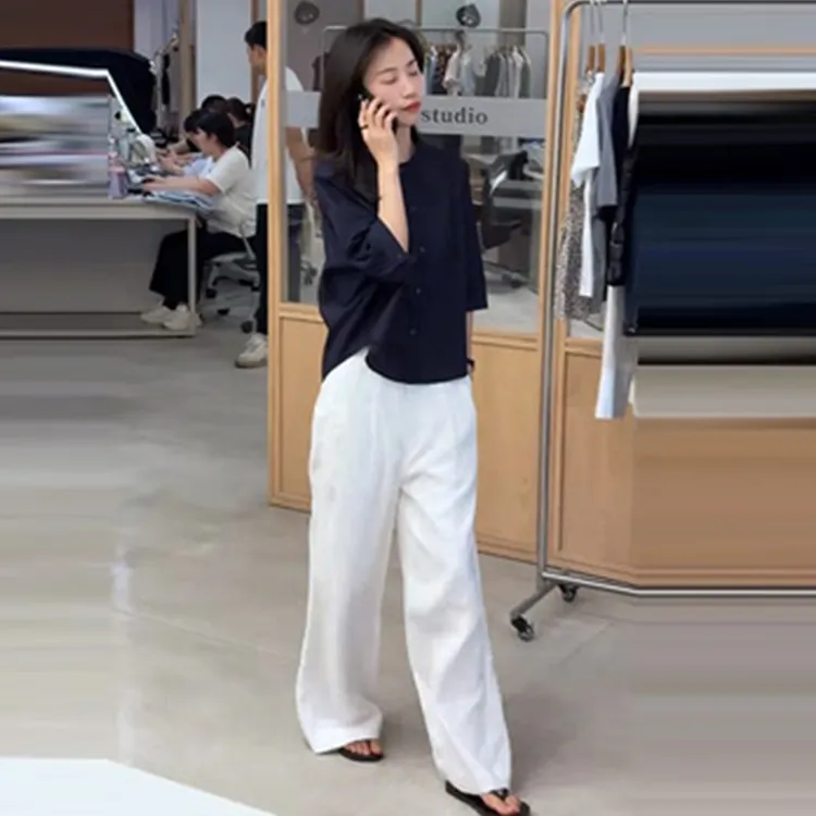 法式高级感藏蓝色薄款七分袖衬衫女2025夏新款宽松阔腿长裤两件套