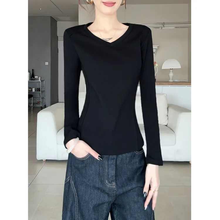 黑色长袖v领设计感女士纯棉修身显瘦T恤纯色不起球紧身收腰上衣潮