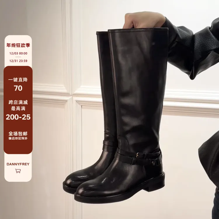 Dannyfrey英伦风复古皮带扣高筒女水洗牛皮显腿长显瘦骑士靴3.5CM