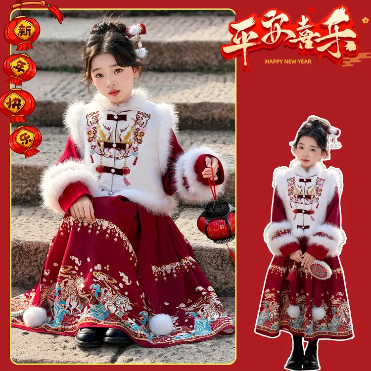 女童古装经典套装6-12岁中大童拜年服洋气汉服加绒加厚公主马面裙