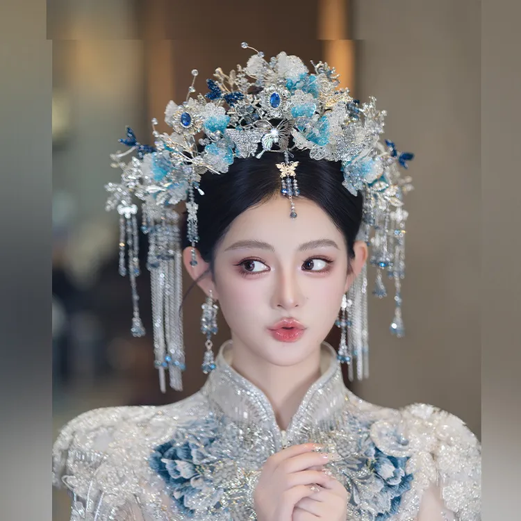 合金婚庆饰品 华丽新娘花朵流苏银蓝色蝴蝶重工超仙秀禾头饰G0314