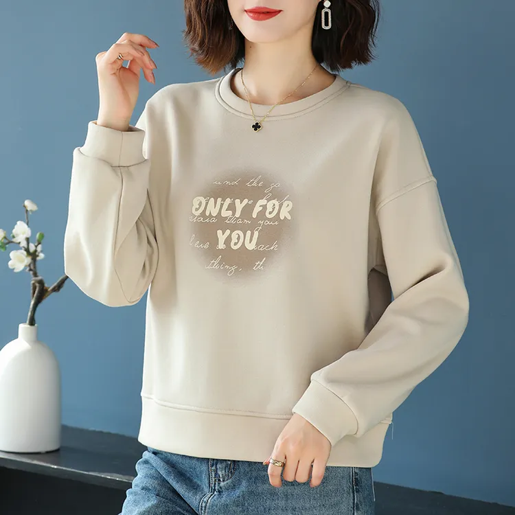 印花圆领百搭卫衣女春秋宽松洋气减龄显瘦无帽衣服加绒休闲上衣