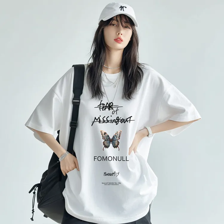 原创潮牌手绘蝴蝶涂鸦纯棉短袖男女宽松白色美式休闲重磅T恤上衣