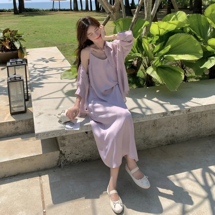 紫色轻薄衬衫提花吊带裙套装女夏季中长款气质显瘦度假温柔连衣裙