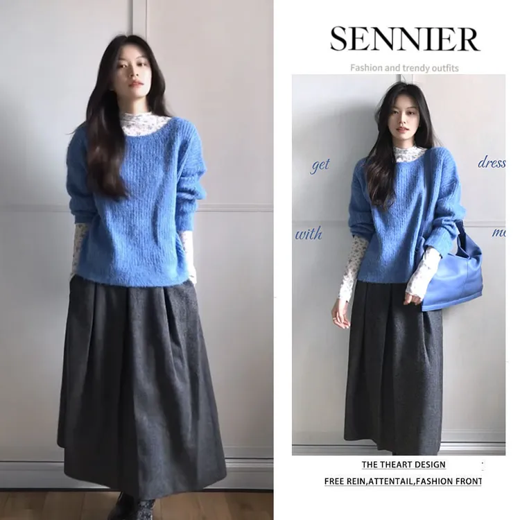 春季穿搭女2026新款韩版慵懒套头毛衣碎花内搭上衣半身裙三件套