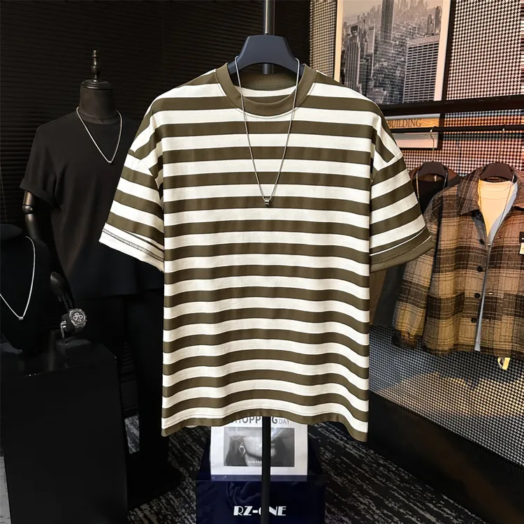 夏季新款原创高定撞色条纹设计文艺冰感棉圆领短袖T恤男