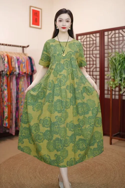 [绿牡丹]夏季新款高级气质棉麻柔软遮肚宽松显瘦连衣裙子妈妈装