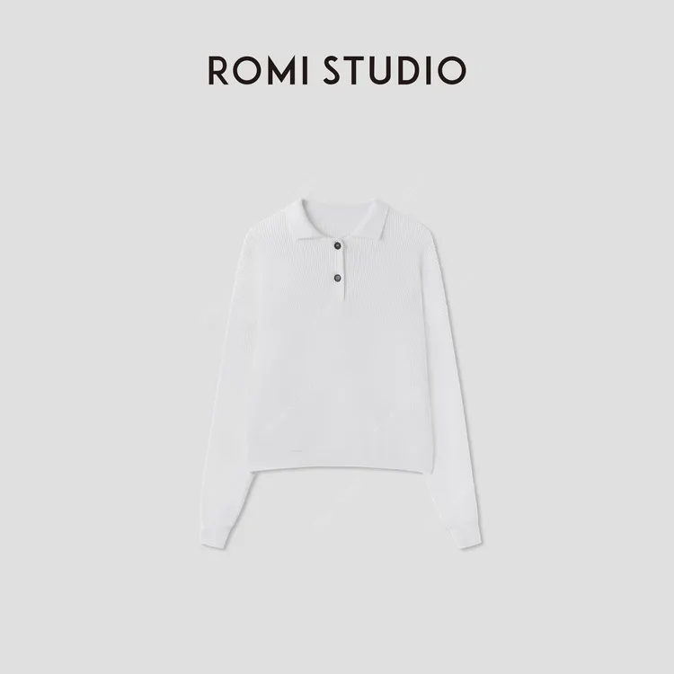 ROMI STUDIO清新优雅宽松剪裁 | 白色Polo领套头针织衫RWCSST2125