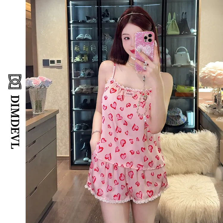 DIMDEVL/汀黛粉色豹纹爱心印花夏季柔光缎仿真丝吊带短裤家居服