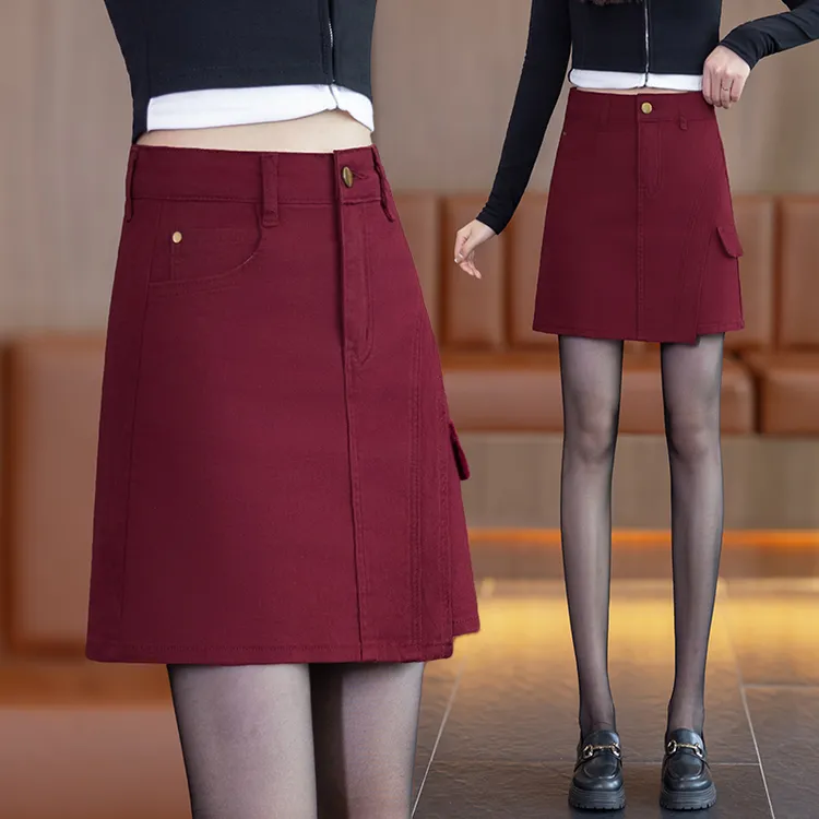 秋季新款安可拉红时髦百搭辣妹短裙女高腰显瘦水洗牛仔A字包臀裙