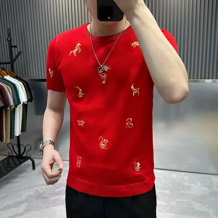 男士马年本命年短袖针织衫时尚刺绣打底衫秋冬季毛衣版型韩版休闲