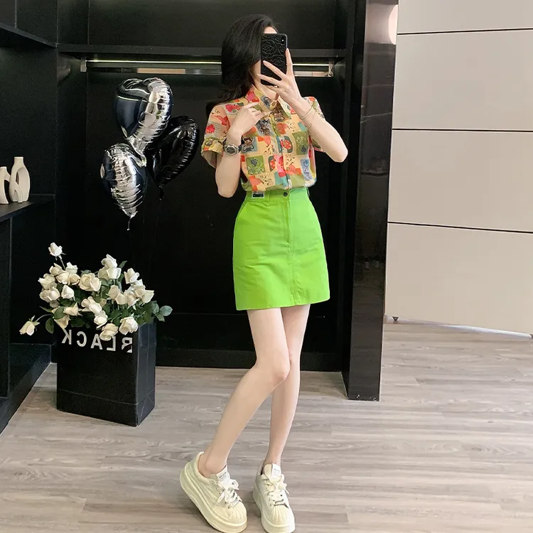 夏季港风设计感复古花色衬衫别致上衣多巴胺小个子短裤裙A字半裙