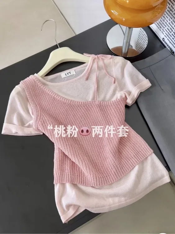 2025夏季新款时尚百搭显瘦圆领拼接两件套针织衫女短袖上衣