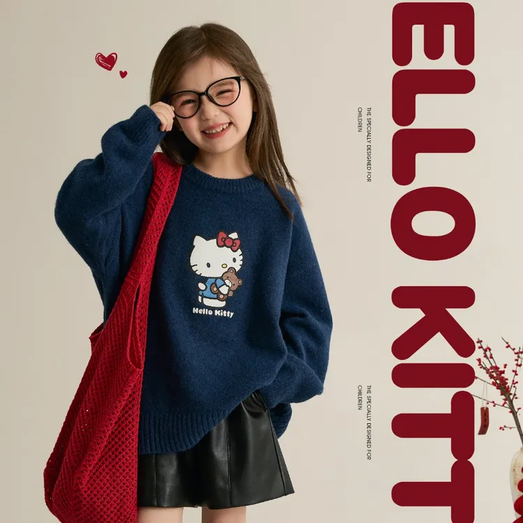 辰辰妈【简单爱】女童正版kitty卡通印花圆领毛衣亲子装上衣8917DH