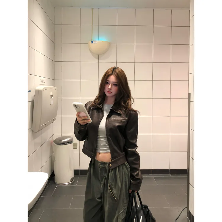 美式复古做旧啡色短皮衣夹克外套2025秋季新款辣妹百搭翻领pu外套